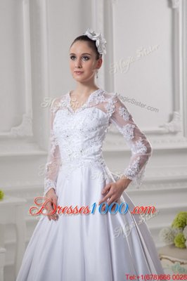 Smart Scalloped White Satin Zipper Wedding Dress Long Sleeves Court Train Lace