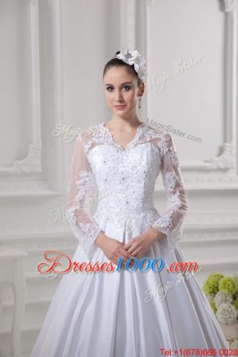 Smart Scalloped White Satin Zipper Wedding Dress Long Sleeves Court Train Lace