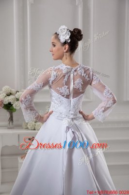 Smart Scalloped White Satin Zipper Wedding Dress Long Sleeves Court Train Lace