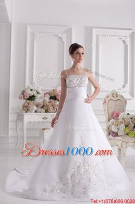 Noble With Train Zipper Wedding Dress White and In for Wedding Party with Beading and Embroidery Brush Train