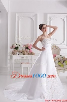 Noble With Train Zipper Wedding Dress White and In for Wedding Party with Beading and Embroidery Brush Train