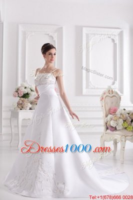 Noble With Train Zipper Wedding Dress White and In for Wedding Party with Beading and Embroidery Brush Train