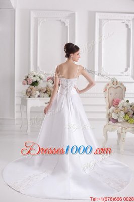 Noble With Train Zipper Wedding Dress White and In for Wedding Party with Beading and Embroidery Brush Train