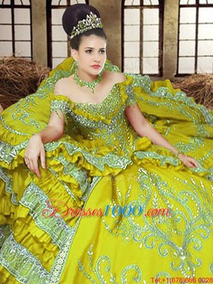 Hot Sale Off the Shoulder Light Yellow Sleeveless Floor Length Embroidery Lace Up Quinceanera Dresses