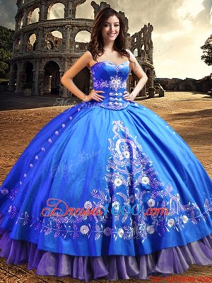 One Shoulder Royal Blue Sleeveless Lace and Embroidery Floor Length Quinceanera Gowns