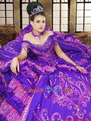 Off The Shoulder Sleeveless Satin Quinceanera Gown Embroidery Lace Up