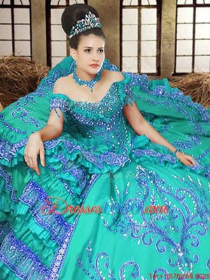 Off the Shoulder Floor Length Lace Up Quince Ball Gowns Turquoise and In for Military Ball and Sweet 16 and Quinceanera with Embroidery