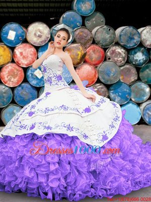 High Quality Sweetheart Sleeveless Organza Quinceanera Dresses Appliques and Embroidery and Ruffles Lace Up