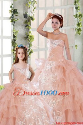 Fashionable Sleeveless Floor Length Beading and Ruffled Layers and Ruching Lace Up Sweet 16 Dress with Peach