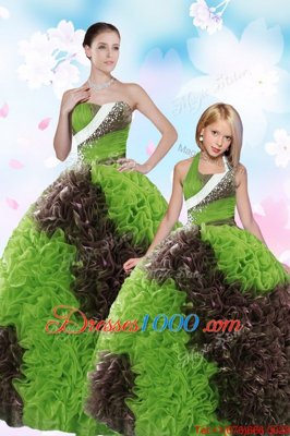Green Ball Gowns Beading and Sequins 15th Birthday Dress Lace Up Fabric With Rolling Flowers Sleeveless Floor Length
