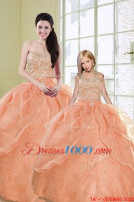 Top Selling Beading and Sequins 15 Quinceanera Dress Orange Lace Up Sleeveless Floor Length