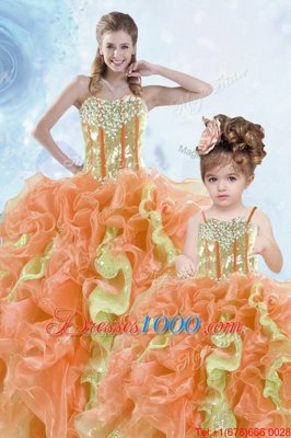 Multi-color Organza Lace Up Sweetheart Sleeveless Floor Length Quinceanera Gown Beading and Ruffles and Sequins