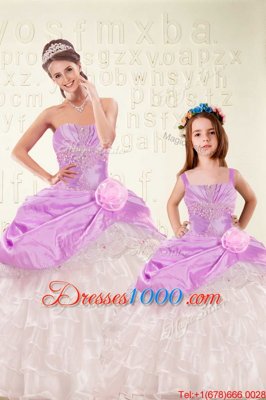 Super Lilac Lace Up Quince Ball Gowns Beading and Ruffled Layers and Hand Made Flower Sleeveless Floor Length