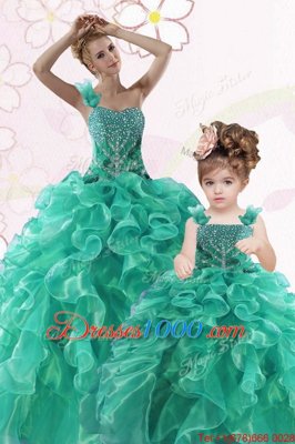Suitable One Shoulder Turquoise Ball Gowns Beading and Ruffles Vestidos de Quinceanera Lace Up Organza Sleeveless Floor Length