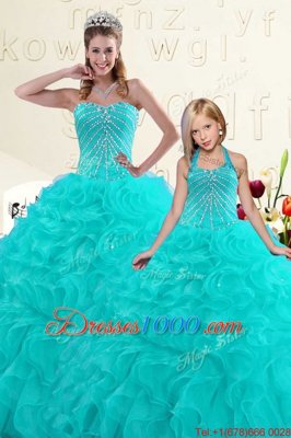 Charming Aqua Blue Sleeveless Beading and Ruffles Floor Length 15 Quinceanera Dress