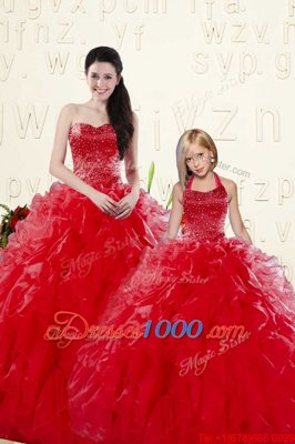Most Popular Coral Red Sleeveless Organza Lace Up Sweet 16 Quinceanera Dress for Military Ball and Sweet 16 and Quinceanera