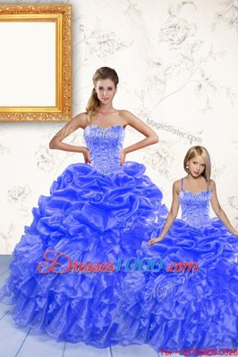 Floor Length Lace Up Quince Ball Gowns Royal Blue and In for Military Ball and Sweet 16 and Quinceanera with Beading and Ruffles and Pick Ups