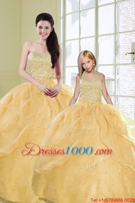 Classical Gold Sweetheart Neckline Beading and Sequins 15th Birthday Dress Sleeveless Lace Up