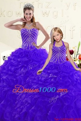 Blue and Purple Ball Gowns Beading and Ruffles Sweet 16 Dresses Lace Up Organza Sleeveless Floor Length