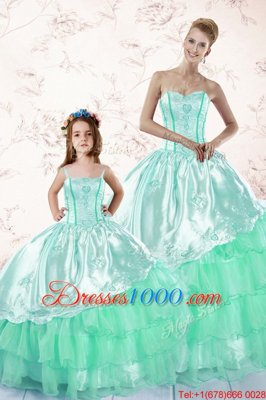Sophisticated Organza Sweetheart Long Sleeves Lace Up Embroidery and Ruffled Layers Ball Gown Prom Dress in Apple Green