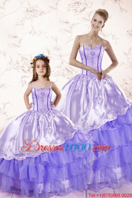 Hot Sale Lavender Organza Lace Up Quinceanera Dress Sleeveless Floor Length Embroidery and Ruffled Layers