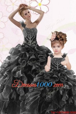 Sophisticated One Shoulder Black Sleeveless Floor Length Beading and Ruffles Lace Up Ball Gown Prom Dress