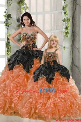 Sweetheart Sleeveless Ball Gown Prom Dress Floor Length Beading and Ruffles Orange Red Organza