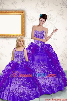 Dramatic Strapless Sleeveless Quinceanera Gowns Floor Length Beading and Embroidery and Pick Ups Purple Taffeta
