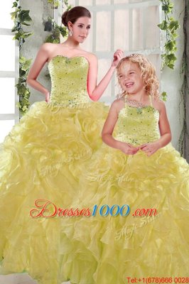 Fancy Sleeveless Organza Floor Length Lace Up Sweet 16 Quinceanera Dress in Yellow for with Beading and Ruffles