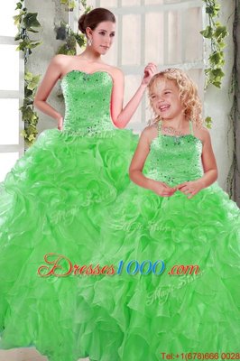 Sleeveless Organza Floor Length Lace Up Quinceanera Dress in Green for with Beading and Ruffles