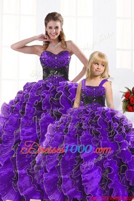 Top Selling Black And Purple Ball Gowns Organza Sweetheart Sleeveless Beading and Appliques and Ruffles Floor Length Lace Up Quinceanera Gowns