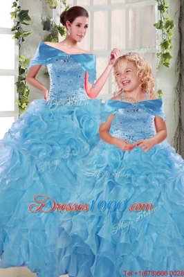 Organza Sweetheart Sleeveless Lace Up Beading and Ruffles Quinceanera Dress in Aqua Blue
