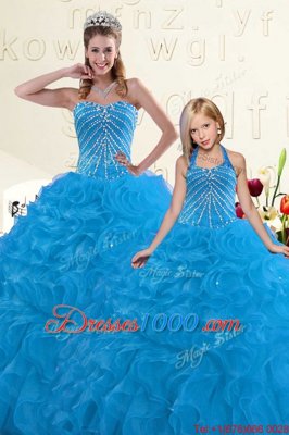 Designer Floor Length Blue Vestidos de Quinceanera Organza Sleeveless Beading and Ruffles
