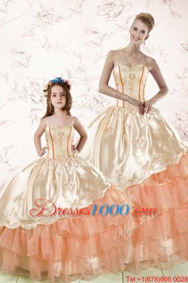 Luxury Sweetheart Sleeveless Sweet 16 Dresses Floor Length Embroidery and Ruffled Layers Peach Organza