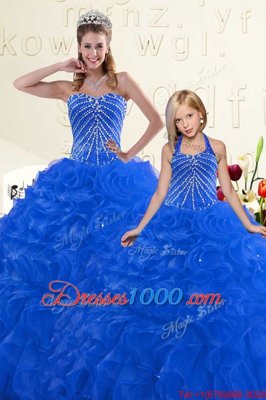 Blue Quinceanera Dresses Military Ball and Sweet 16 and Quinceanera and For with Beading and Ruffles Sweetheart Sleeveless Lace Up