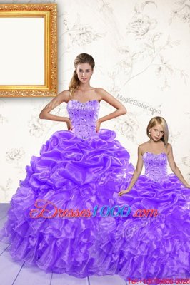 Lavender Ball Gowns Beading and Ruffles and Pick Ups Sweet 16 Dresses Lace Up Organza Sleeveless Floor Length