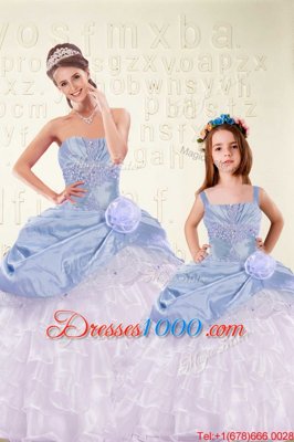 Light Blue 15 Quinceanera Dress Military Ball and Sweet 16 and Quinceanera and For with Beading and Ruffled Layers and Hand Made Flower Sweetheart Sleeveless Lace Up