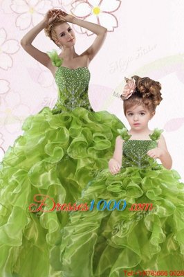 Beautiful Floor Length Lace Up Quinceanera Dress Olive Green and In for Military Ball and Sweet 16 and Quinceanera with Beading and Ruffles