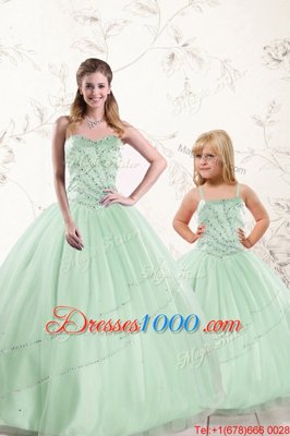 Apple Green Ball Gowns Beading Quinceanera Dress Lace Up Tulle Sleeveless Floor Length