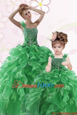 Affordable One Shoulder Organza Sleeveless Floor Length 15th Birthday Dress and Beading and Ruffles