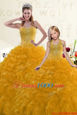 Vintage Sleeveless Organza Floor Length Lace Up Ball Gown Prom Dress in Gold for with Beading and Ruffles