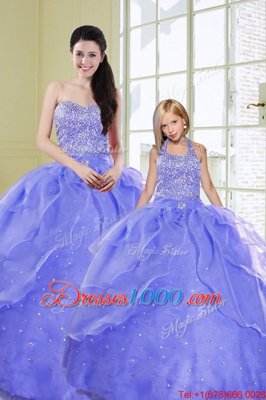 Lavender Ball Gowns Beading Sweet 16 Dresses Lace Up Organza Sleeveless Floor Length