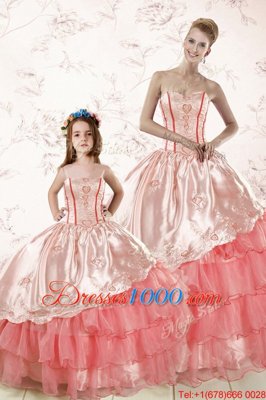 Low Price Watermelon Red Organza Lace Up Quince Ball Gowns Sleeveless Floor Length Embroidery and Ruffled Layers