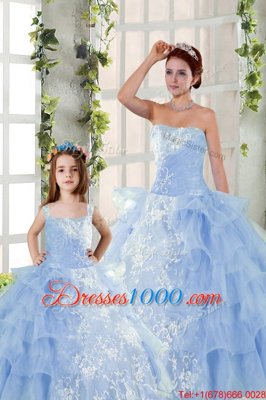 Customized Blue Lace Up Strapless Embroidery and Ruffled Layers Ball Gown Prom Dress Organza Sleeveless