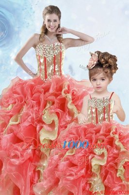 Organza Sweetheart Sleeveless Lace Up Beading and Ruffles and Sequins Quince Ball Gowns in Multi-color