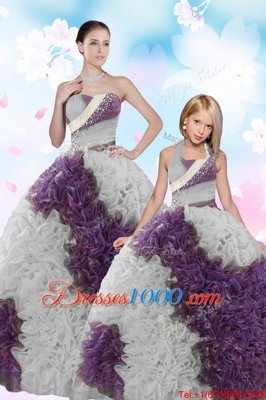 Fabric With Rolling Flowers Strapless Sleeveless Lace Up Beading and Sequins Vestidos de Quinceanera in White And Purple