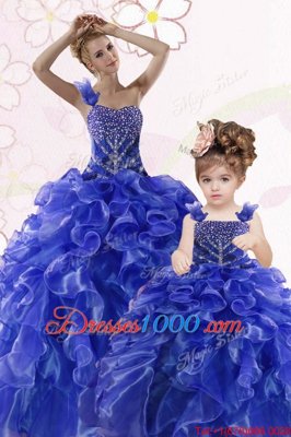 One Shoulder Sleeveless Lace Up Quince Ball Gowns Royal Blue Organza