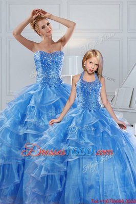 Baby Blue Lace Up Sweetheart Beading and Ruffled Layers Quince Ball Gowns Organza Sleeveless
