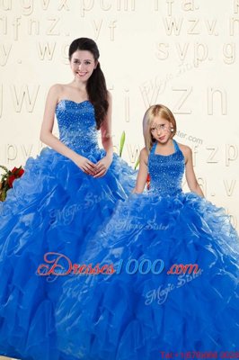 Sleeveless Floor Length Beading and Ruffles Lace Up Ball Gown Prom Dress with Royal Blue