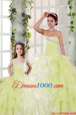 Floor Length Lace Up Quinceanera Dresses Light Yellow and In for Military Ball and Sweet 16 and Quinceanera with Beading and Ruffled Layers and Ruching